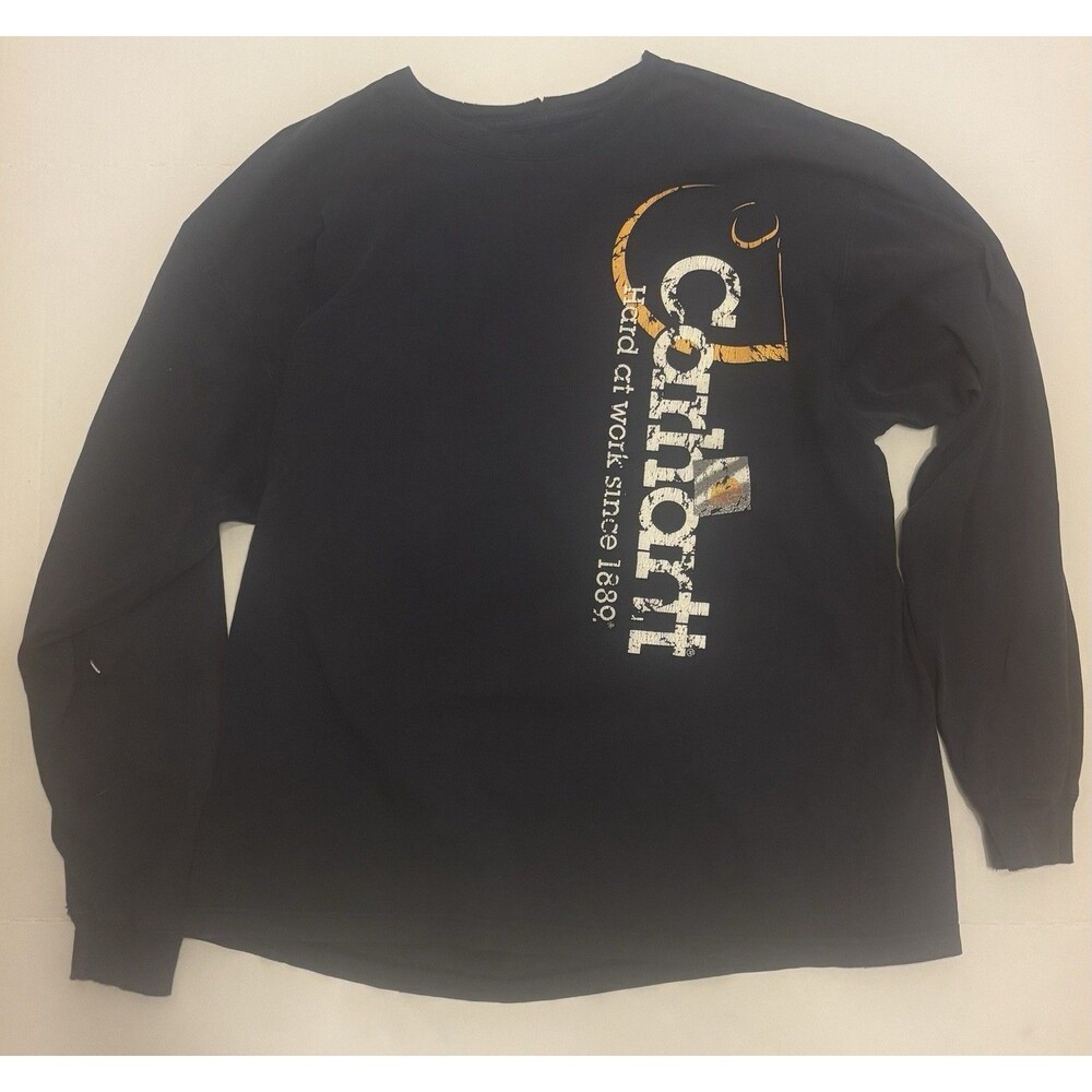 Distressed Carhartt Mens Black Hard at Work Graphic Logo Crew Neck L/S T-Shirt L